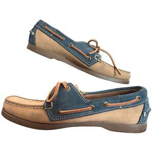 Sebago Docksides Beige Blue Leather Lace Up Boat Loafer Shoes Womens 9 N Comfort